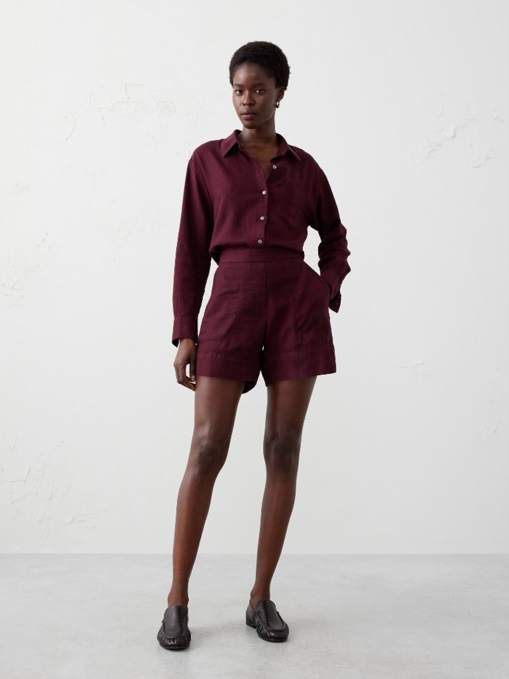 Banana Republic High Rise Linen Blend Shorts Burgundy XL